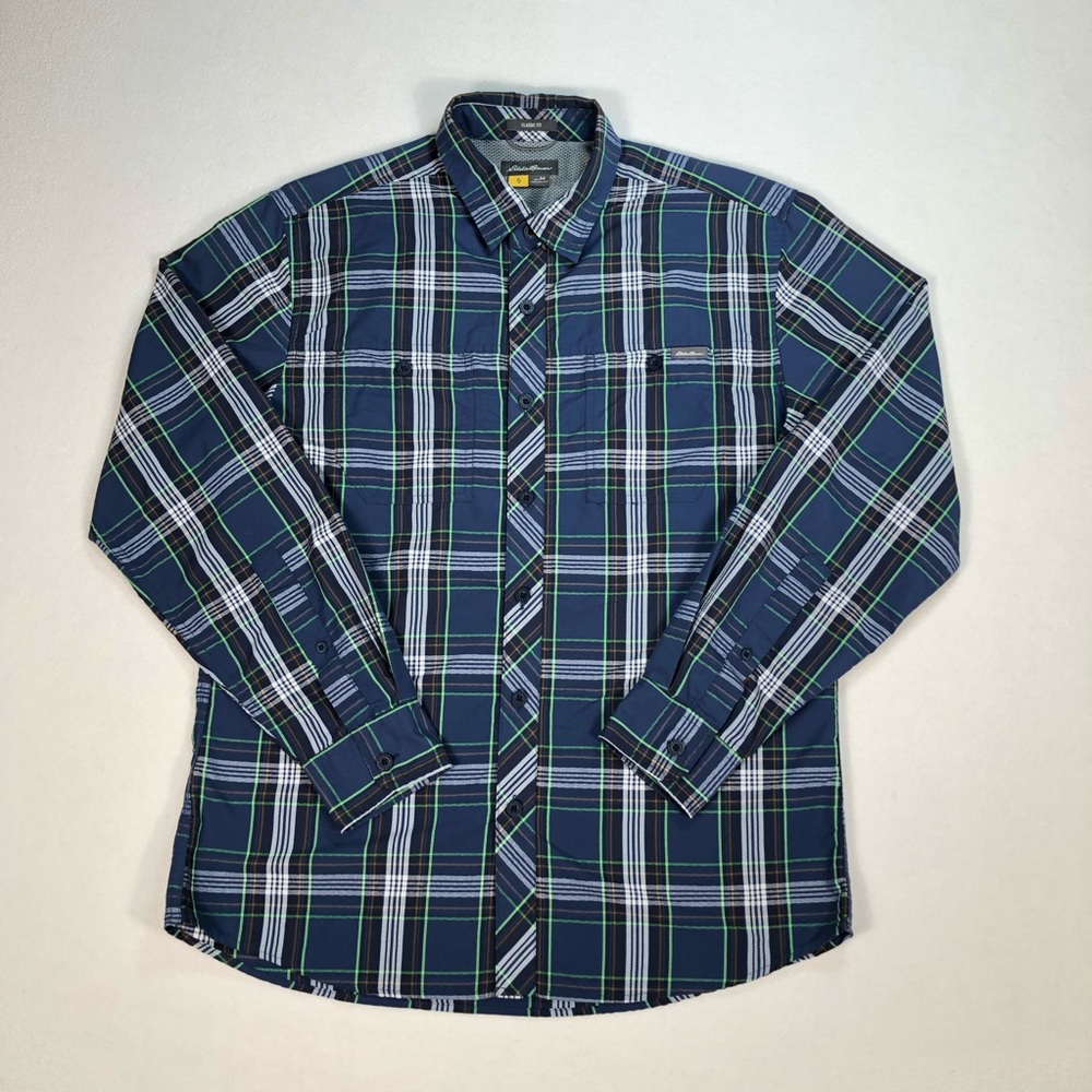 Eddie Bauer Travex Shirt Mens M Navy Plaid Nylon Hiking Travel Pocket 0879